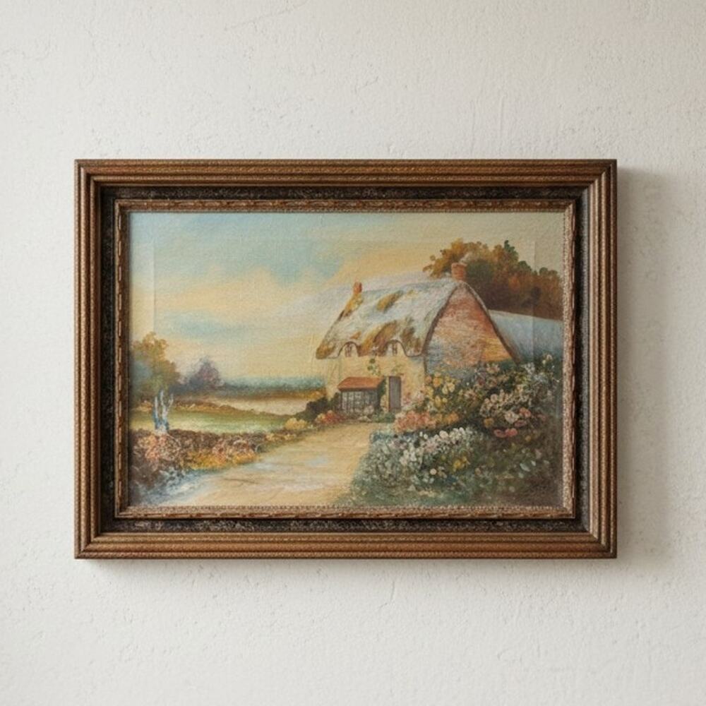 Vintage Thatched Cottage Oil Painting Ornate Frame European Landscape 22"x16"